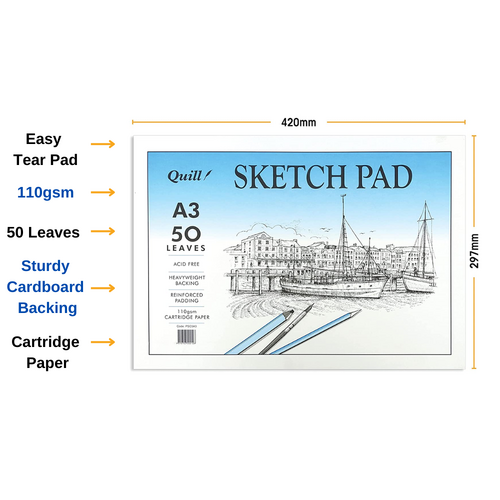Quill A3 Sketch Pad Art Pad 110gsm Cartridge Paper 50 Leaf Acid Free - 1 Pack
