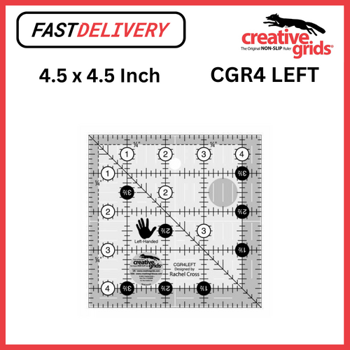 Creative Grids Quilt Ruler 4.5 x 4.5 Inch Square LEFT Handed Non Slip Quilt Ruler Sewing Quilting Crafts - CG R4LEFT