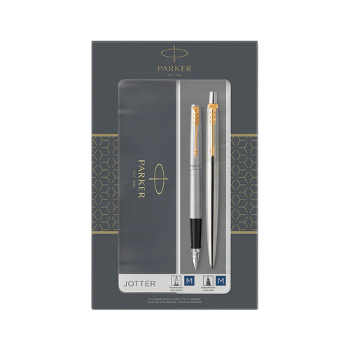 Parker Pen Duo Jotter Gift Set Stainless Steel Gold Trim Ballpoint And Foundation Pen - 2093257