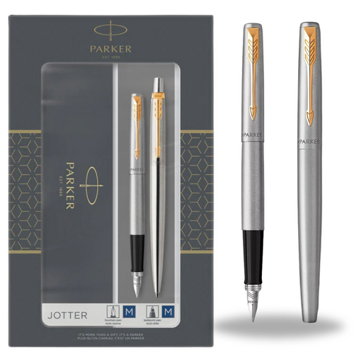 Parker Pen Duo Jotter Gift Set Stainless Steel Gold Trim Ballpoint And Foundation Pen - 2093257