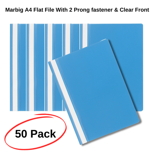 50 X Marbig A4 Flat File With 2 Prong fastener & Clear Front Blue - 1001001