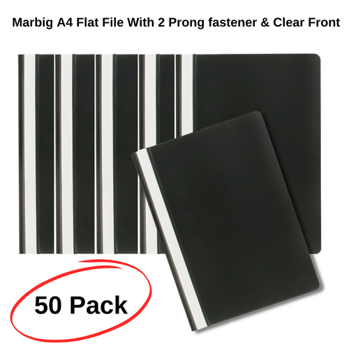 50 x Marbig A4 Flat File With 2 Prong fastener & Clear Front Black - 1001002