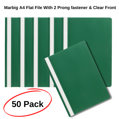 50 X Marbig A4 Flat File With 2 Prong fastener & Clear Front Green -1001004