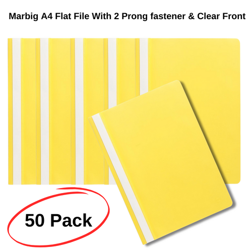 50 X Marbig A4 Flat File With 2 Prong fastener & Clear Front - Yellow