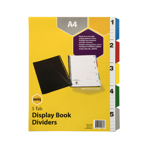 Marbig A4 5 Tab Coloured Dividers Display Book Indices & Divider PP 20089