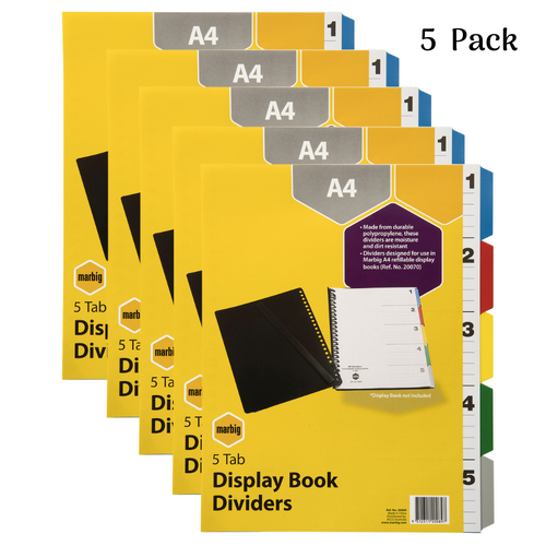 Marbig A4 5 Tab Coloured Dividers Display Book Indices & Divider PP 20089 - 5 Pack