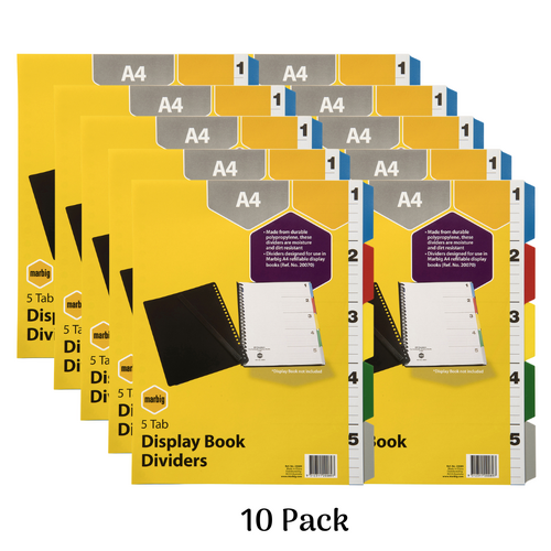 Marbig A4 5 Tab Coloured Dividers Display Book Indices & Divider PP 20089 - 10 Pack 