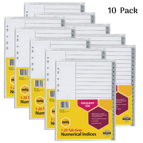 Marbig A4 Numeric 1 - 20 Tabs Dividers Polypropylene Grey Tabs 35130 - 10 Pack