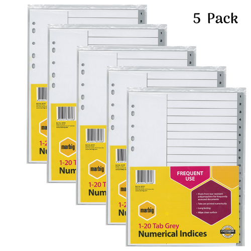 Marbig A4 Numeric 1 - 20 Tabs Dividers Polypropylene Grey Tabs 35130 - 5 Pack