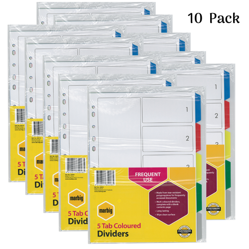 Marbig A4 5 Tab Dividers Polypropylene Coloured Tabs 35010 - 10 Pack