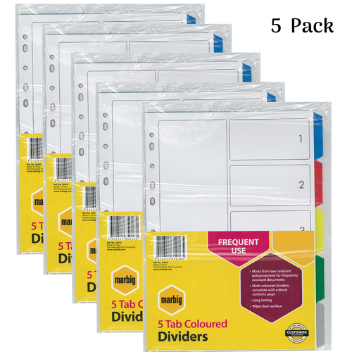 Marbig A4 5 Tab Dividers Polypropylene Coloured Tabs 35010 - 5 Pack