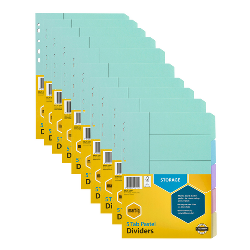 Marbig A4 5 Tabs Dividers Manilla - Pastel Coloured Tabs 37000 - 10 Pack