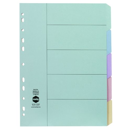 Marbig A4 5 Tabs Dividers Manilla - Pastel Coloured Tabs 37000F