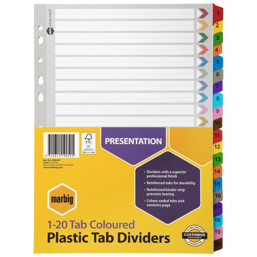 Marbig Indices & Dividers 1-20 Tab Reinforced A4 Colour - 35023F