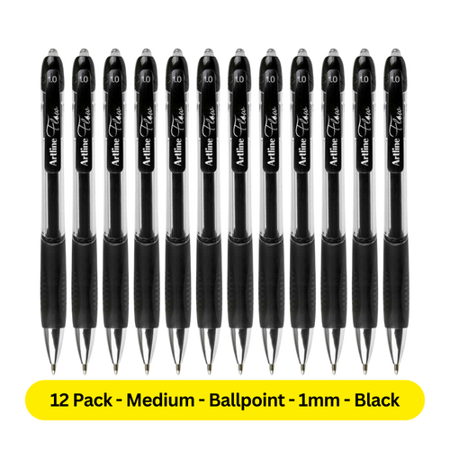 Artline Flow Retractable Ballpoint Pen 187101 Smooth Medium Black - 12 Pack