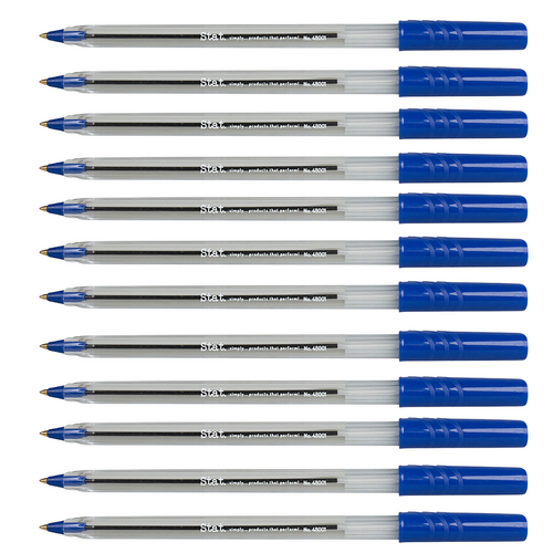 Stat Medium Ballpoint Pen 1.0mm Clear Barrel, Quick Drying BLUE 48001 - 12 Pack