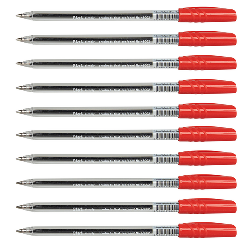 Stat Medium Ballpoint Pen 1.0mm Clear Barrel, Quick Drying RED 48002 - 12 Pack