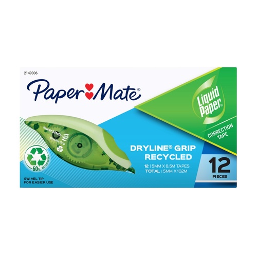 Papermate Correction Tape Liquid Paper Dryline Grip Recycled - 12 Pack 82369