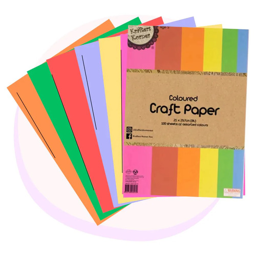 Krafters Korner A4 Coloured Craft Paper 100 Sheets Assorted Colours - 280179