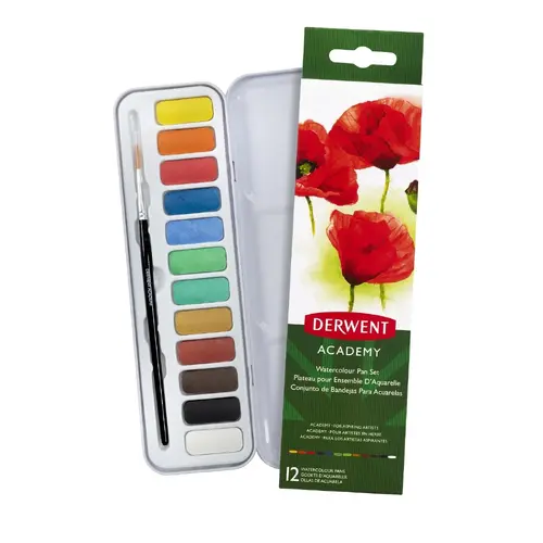 Derwent Academy Watercolour Pan Paint Colour Set 12 + Brush Student - 2301955