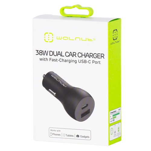 Walnut 38W Dual Car Charger With Fast-Charging USB-C Port - Black