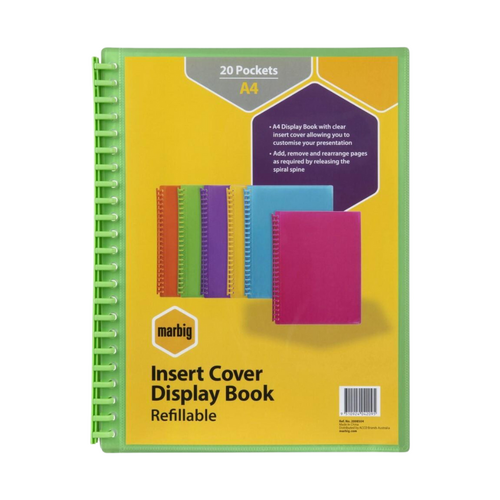 Marbig A4 Display Book Refillable 20 Pocket With Insert Cover TRANSLUCENT LIME - 2008504