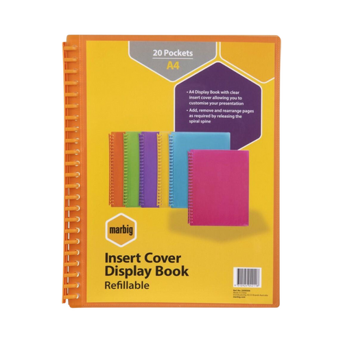 Marbig A4 Display Book Refillable 20 Pocket With Insert Cover TRANSLUCENT ORANGE - 2008506