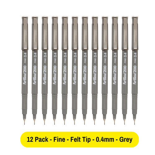 Artline 200 Pen 0.4mm Fineliner Marker Felt Tip Pen GREY 120011 - 12 Pack