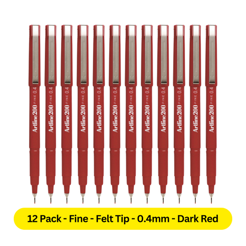 Artline 200 Pen 0.4mm Fineliner Marker Felt Tip Pen DARK RED 120012 - 12 Pack