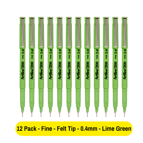 Artline 200 Pen 0.4mm Fineliner Marker Felt Tip Pen LIME GREEN 120014 - 12 Pack