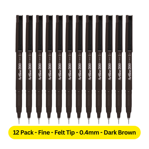 Artline 200 Pen 0.4mm Fineliner Marker Felt Tip Pen DARK BROWN 120018 - 12 Pack