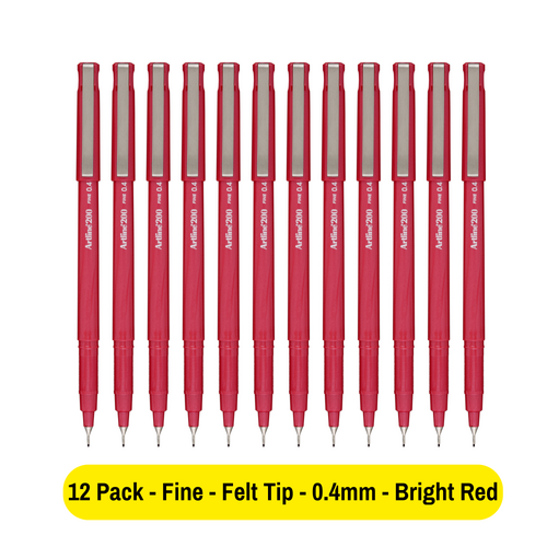 Artline 200 Pen 0.4mm Fineliner Marker Felt Tip Pen BRIGHT RED 120072 - 12 Pack