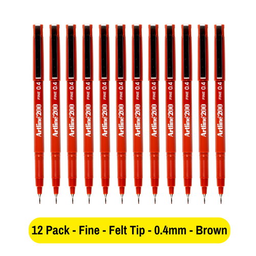 Artline 200 Marker Fineliner 0.4mm Felt Tip Pen BROWN - 12 Pack