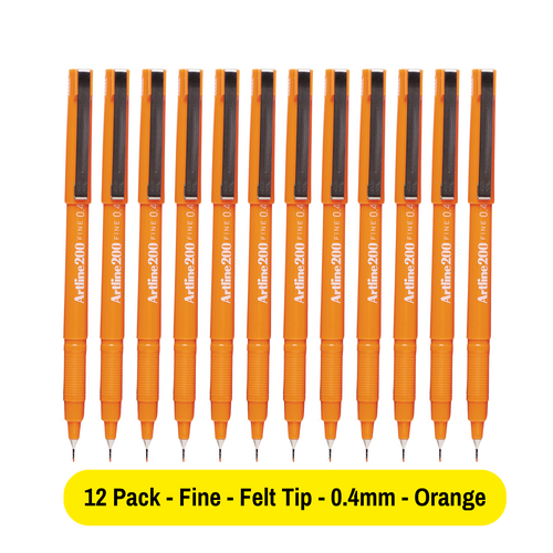 Artline 200 Pen 0.4mm Fineliner Marker Felt Tip Pen ORANGE 120005 - 12 Pack