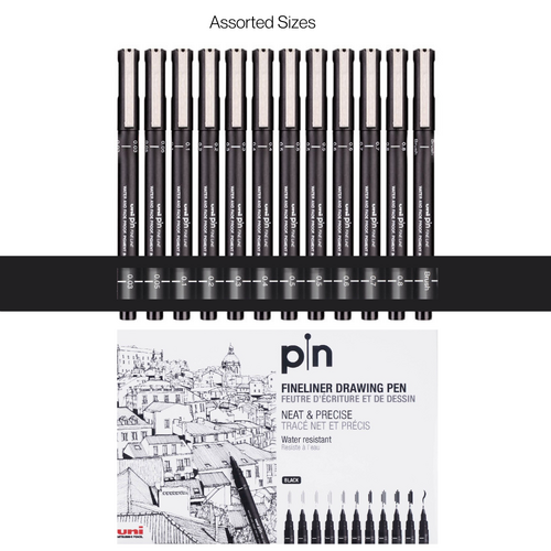 12 x Uni Ball Pin Drawing Pen Fineliner Ultra Smooth Flow Assorted Sizes - Black