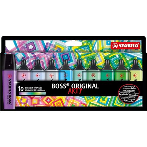 STABILO Boss Original Arty Highlighter Chisel 2mm 5mm Tips - 10 Assorted Cool Colours