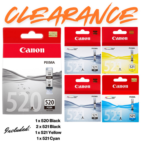 ***CLEARANCE*** Canon 520 521 Genuine Ink Set - 1 x 520 Black, 2 x 521 Black, 1 x 521 Cyan, 1 x 521 Yellow