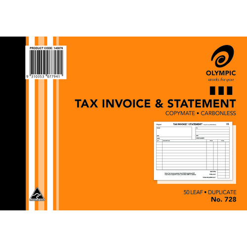 Olympic 728 Tax Invoice & Statement Book 210 X 148mm Carbonless Duplicate 50 Leaf 5 Pack - 83838