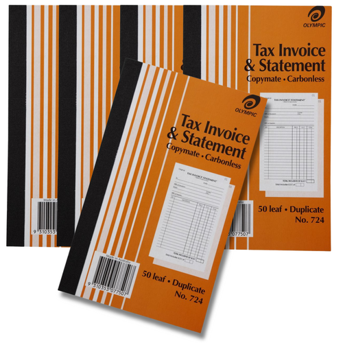 Olympic No.724 Tax Invoice And Statement Book 200 X 125mm Duplicate 50 Leaf - 5 Pack