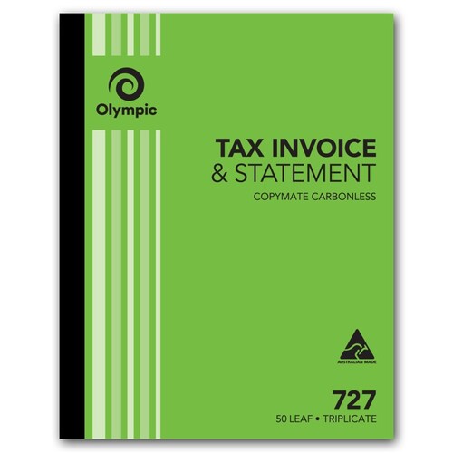 1 x Olympic 727 Tax Invoice & Statement Book 10 X 8" Triplicate Carbonless 50 Leaf