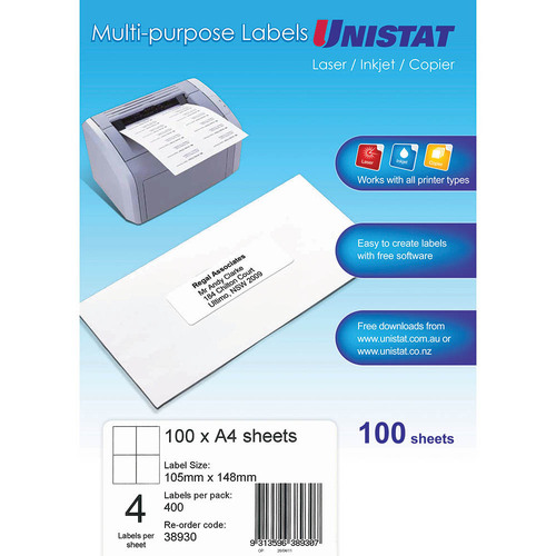 Unistat Label Laser/inkjet/copier 4up 105x147mm WHITE 38930 - 100 Pack