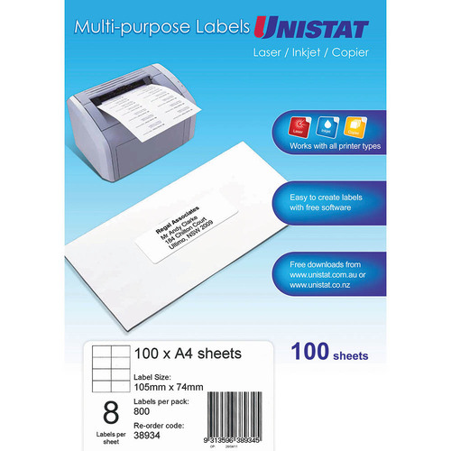 Unistat Label Laser/inkjet/copier 8up 8 Labels Per Sheet 105x74mm WHITE 38934 - 100 Pack