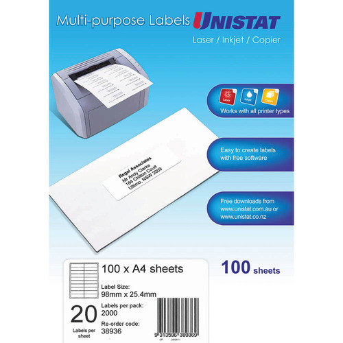 Unistat Label Laser/inkjet/copier 20up 98x25mm WHITE 38936 - 100 Pack