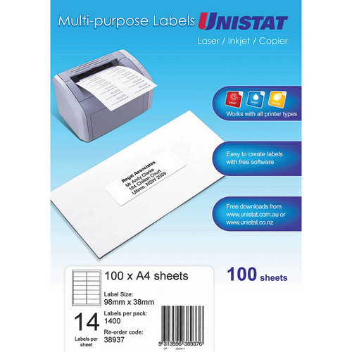 Unistat Label Laser/inkjet/copier 14up 14 Labels Per Sheet 98x38mm WHITE 38937 - 100 Pack