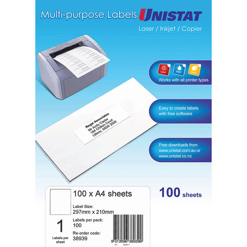 Unistat Label Laser/inkjet/copier 1up 297x210mm WHITE 38939 - 100 Pack