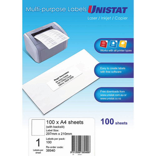 Unistat Label Laser/inkjet/copier 1up 297x210 Backslit WHITE 38940 - 100 Pack