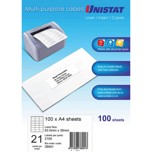 Unistat Label Laser/inkjet/copier 21up 21 Labels Per Sheet 63.5x38mm WHITE 38941 - 100 Pack