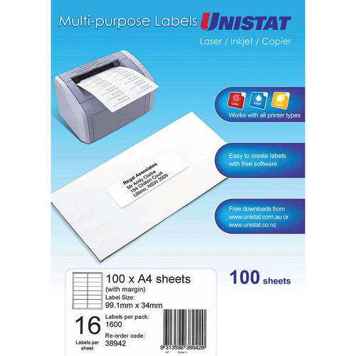 Unistat Label Avery 99.1x34mm 16 Sheet With Margin WHITE 38942 - 100 Pack