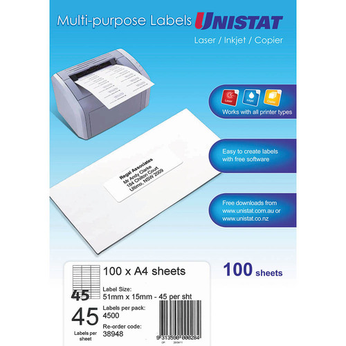 Unistat Label Laser/inkjet/copier 45up 51x15mm WHITE 38948 - 100 Pack