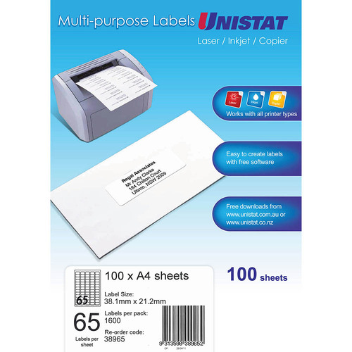 Unistat Label Laser/inkjet/copier 65up 38.1x21.2mm WHITE 38965 - 100 Pack